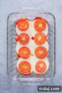 Thinly sliced tomatoes and onions being added on top of the cheese layer for fresh flavor.