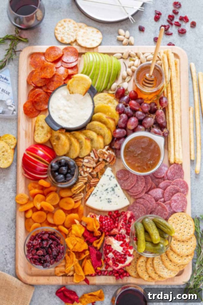 Delicious Blue Cheese Fondue Charcuterie Board with a rich, creamy dip