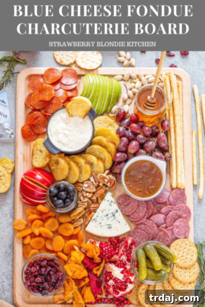 Beautifully arranged Blue Cheese Fondue Charcuterie Board