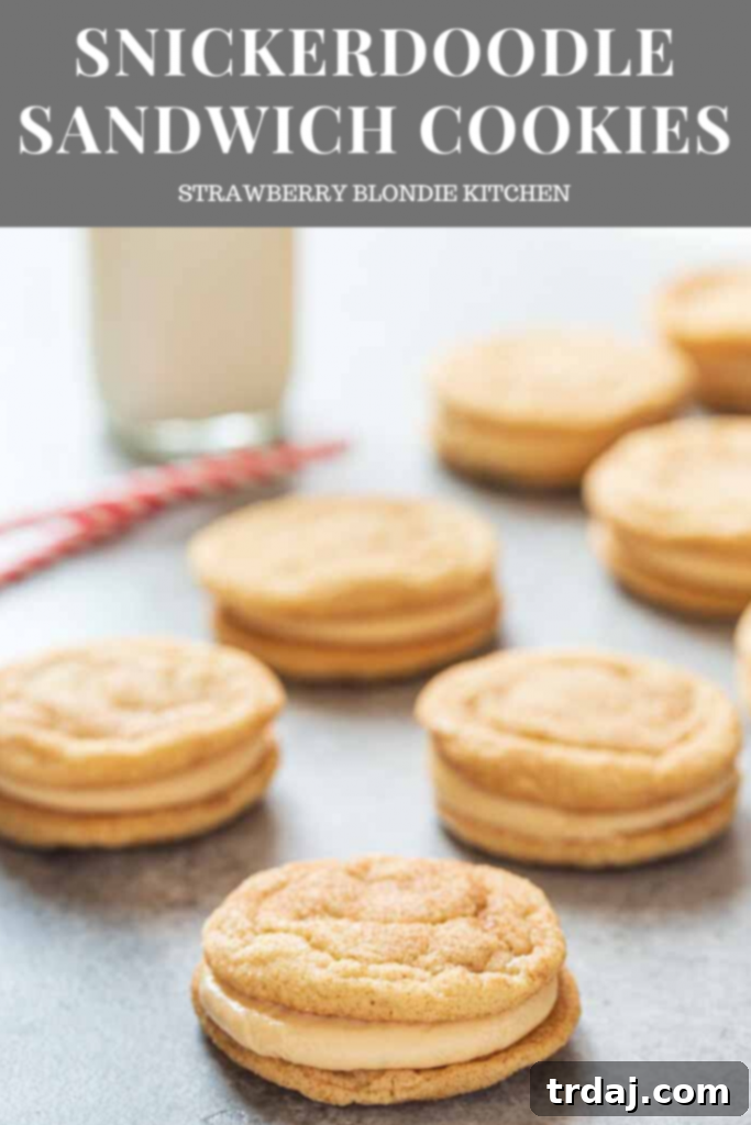 Snickerdoodle Sandwich Cookies stacked on a plate with a festive background