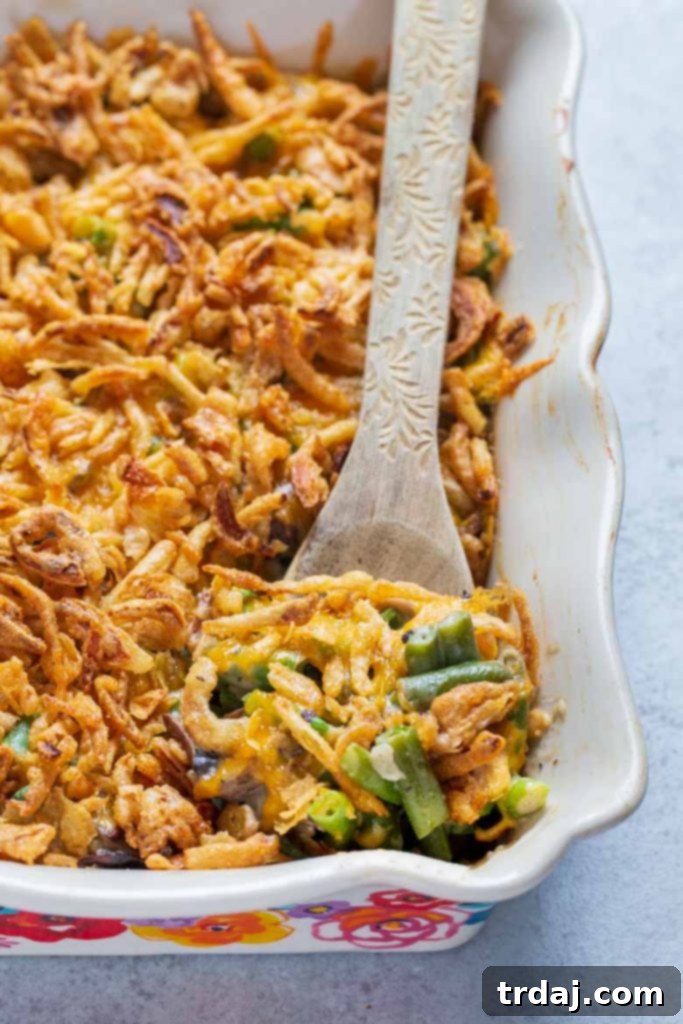 Close-up of creamy, delicious homemade Green Bean Casserole From Scratch ready to be baked.