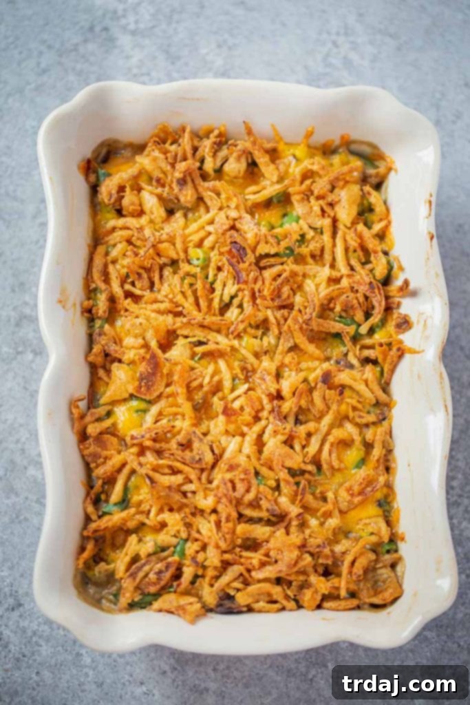 A beautifully golden-brown and crispy easy green bean casserole from scratch, fresh out of the oven and ready to serve.