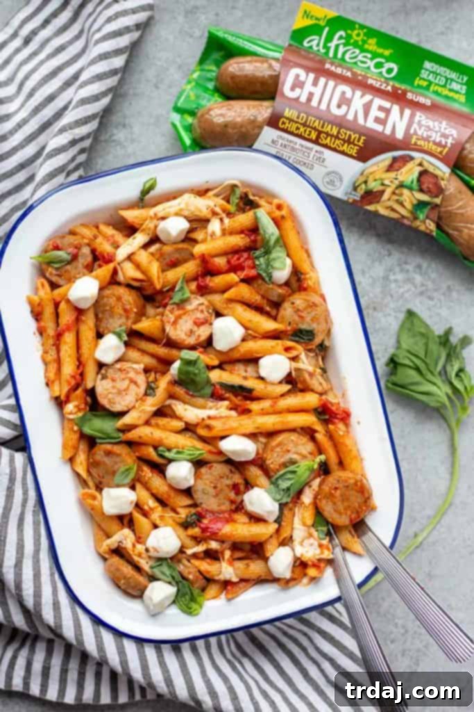Ingredients for One Pot Chicken Sausage Caprese Pasta featuring al fresco chicken sausage