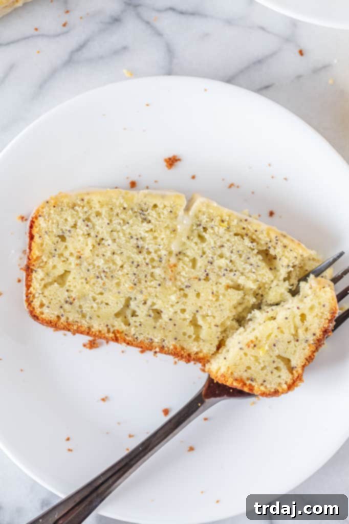 A single, perfectly cut slice of Lemon Poppy Seed Loaf with Glaze, showcasing its golden crust and delicate crumb. Ready to be enjoyed with a cup of tea or coffee.