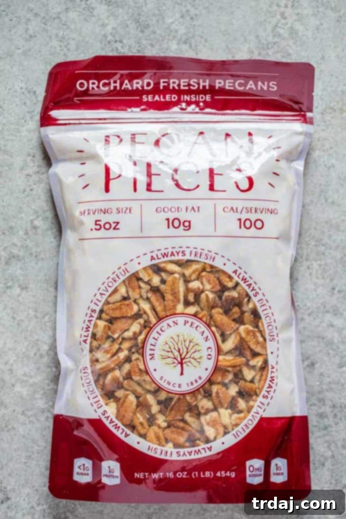 Close-up of Millican Pecan Pieces, ready for pie crust preparation