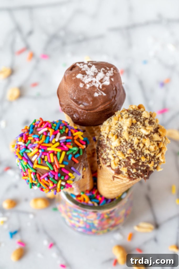 Healthier Homemade Ice Cream Drumsticks: Top view of vanilla, birthday cake, and sea salt caramel cones top down photography shot of three homemade drumsticks in a glass jar with sprinkles showing the tops