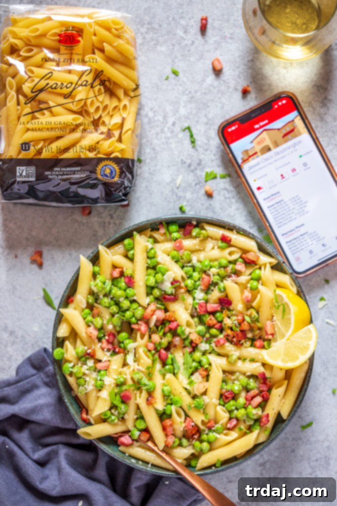 A final shot of Crispy Pancetta and Sweet Pea Ziti in a beautiful serving bowl.