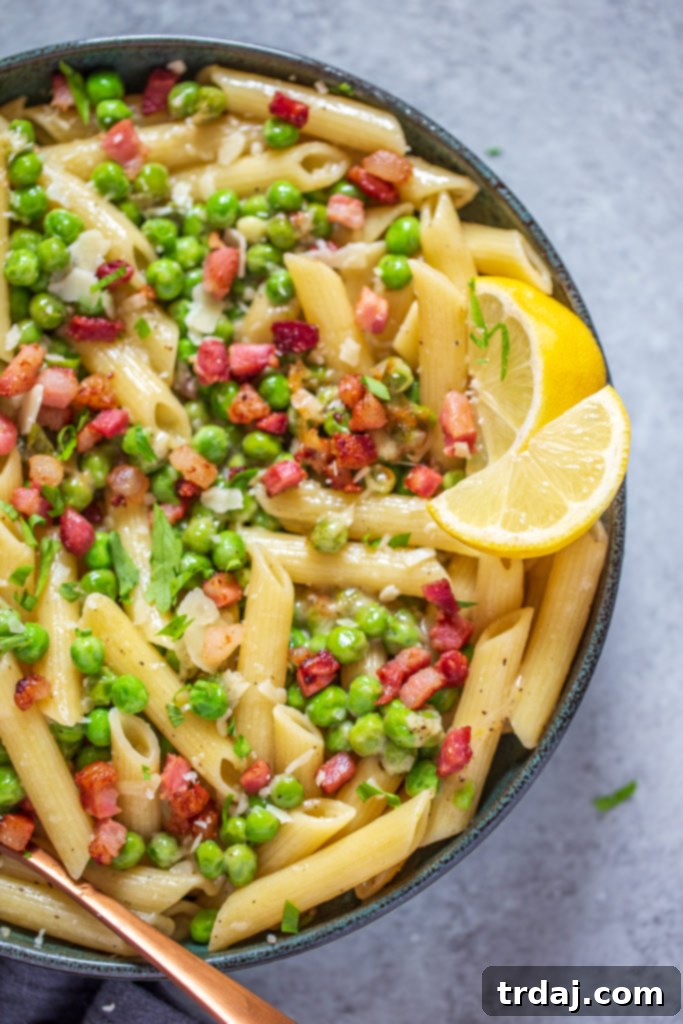 Another close-up of the finished Crispy Pancetta and Sweet Pea Ziti, showcasing its texture.