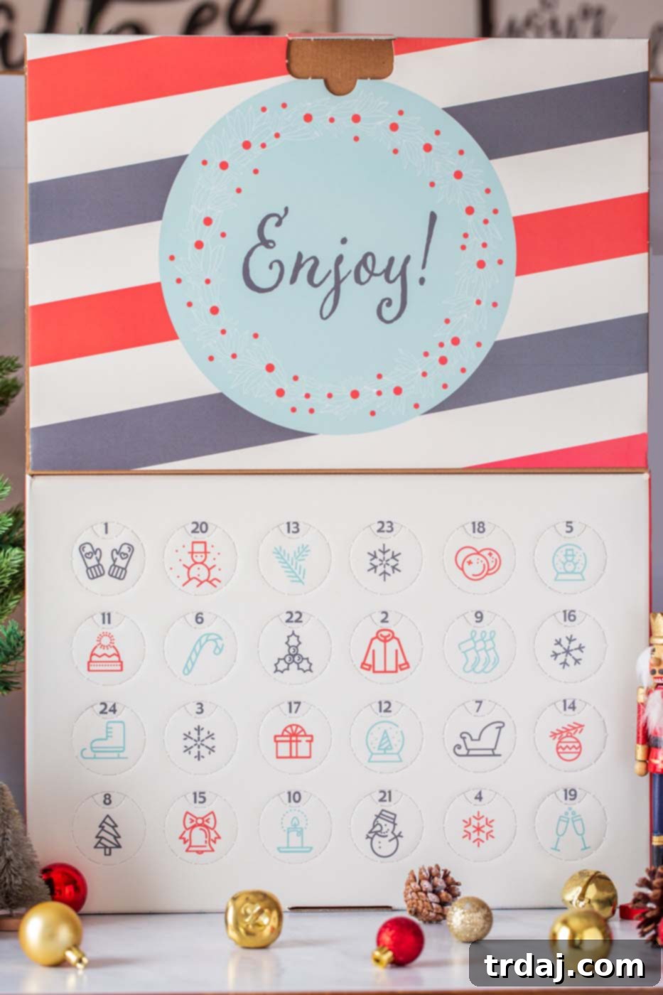 A beautifully arranged holiday scene featuring the wine advent calendar, wrapped gifts, and festive decor