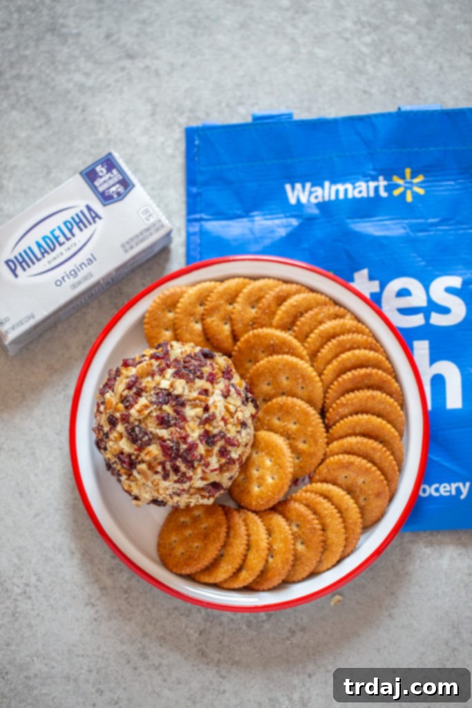 Cranberry Orange Pecan Cheeseball ingredients, such as Philadelphia cream cheese, can be purchased at Walmart