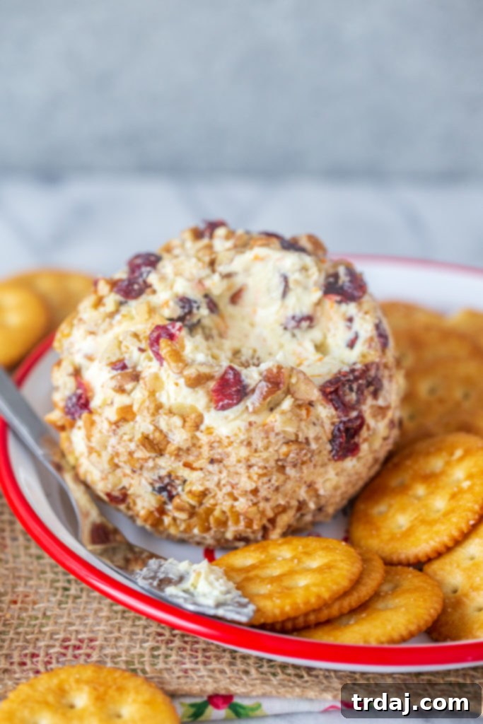 close up shot of Cranberry Orange Pecan Cheeseball