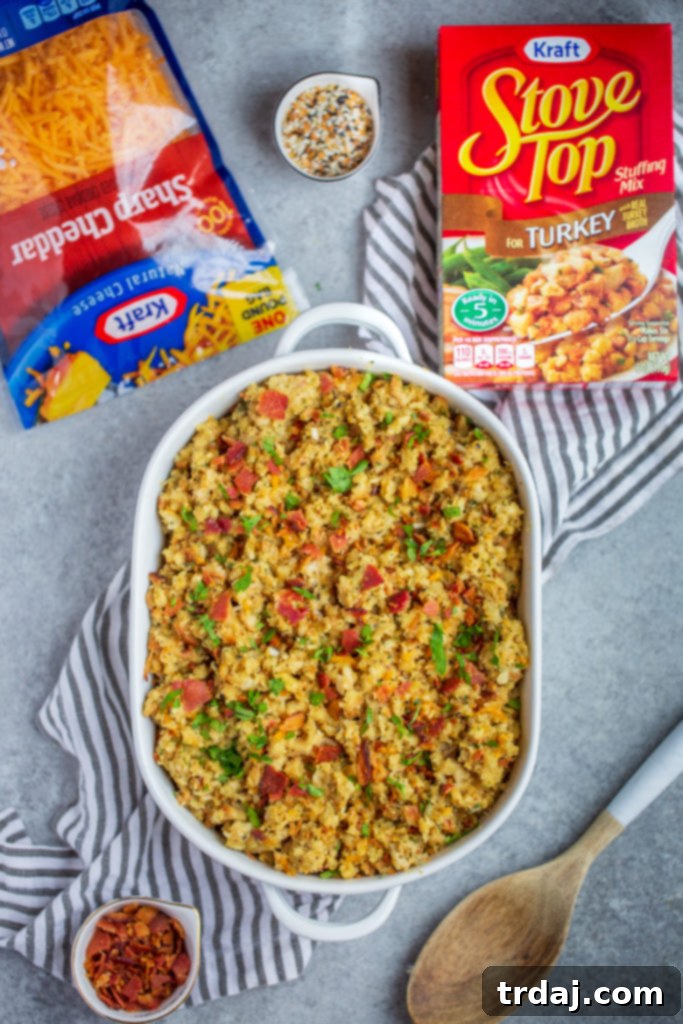Cheesy Bacon and Everything Stuffing featuring Kraft Sharp Cheddar Cheese and Stove Top Turkey Stuffing prominently