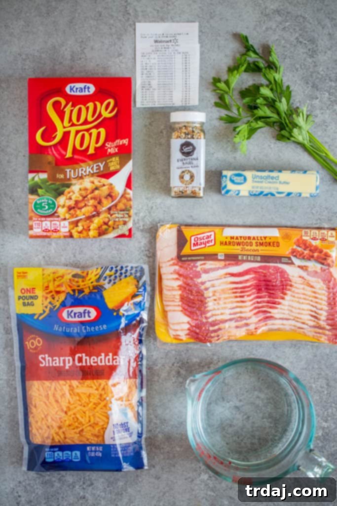 Assortment of fresh ingredients including Oscar Mayer bacon, Kraft cheddar cheese, and Stove Top stuffing mix, ready for use