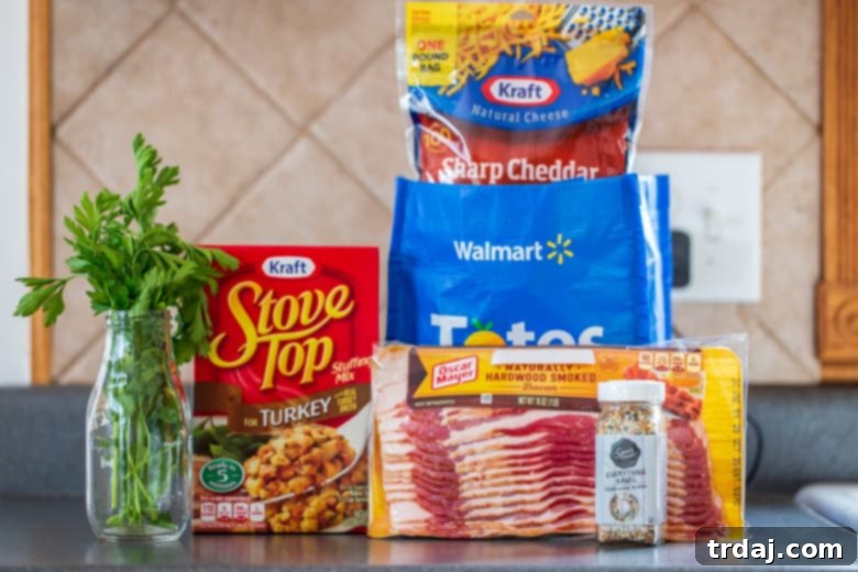 Close-up of Kraft Sharp Shredded Cheddar Cheese and Stove Top Turkey Stuffing Mix, key components of the recipe