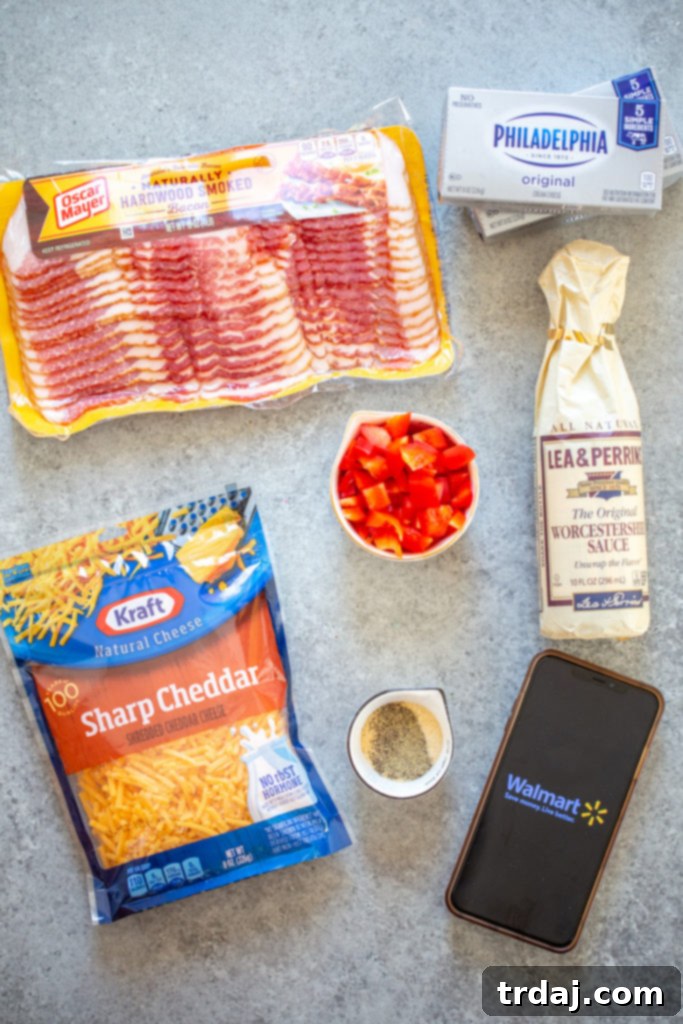 A neatly arranged flat lay of all ingredients required to make the Bacon Cheese Ball Wreath, including bacon, cream cheese, spices, cheddar, and garnishes.