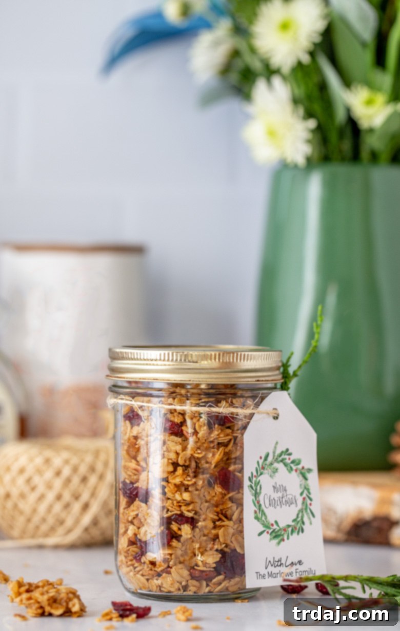 Homemade Baked Granola in a Jar with a charming personalized gift tag