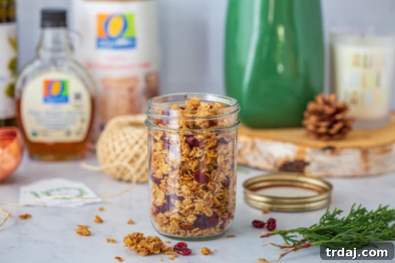 Beautifully presented Homemade Baked Granola in a Jar, ready for gifting