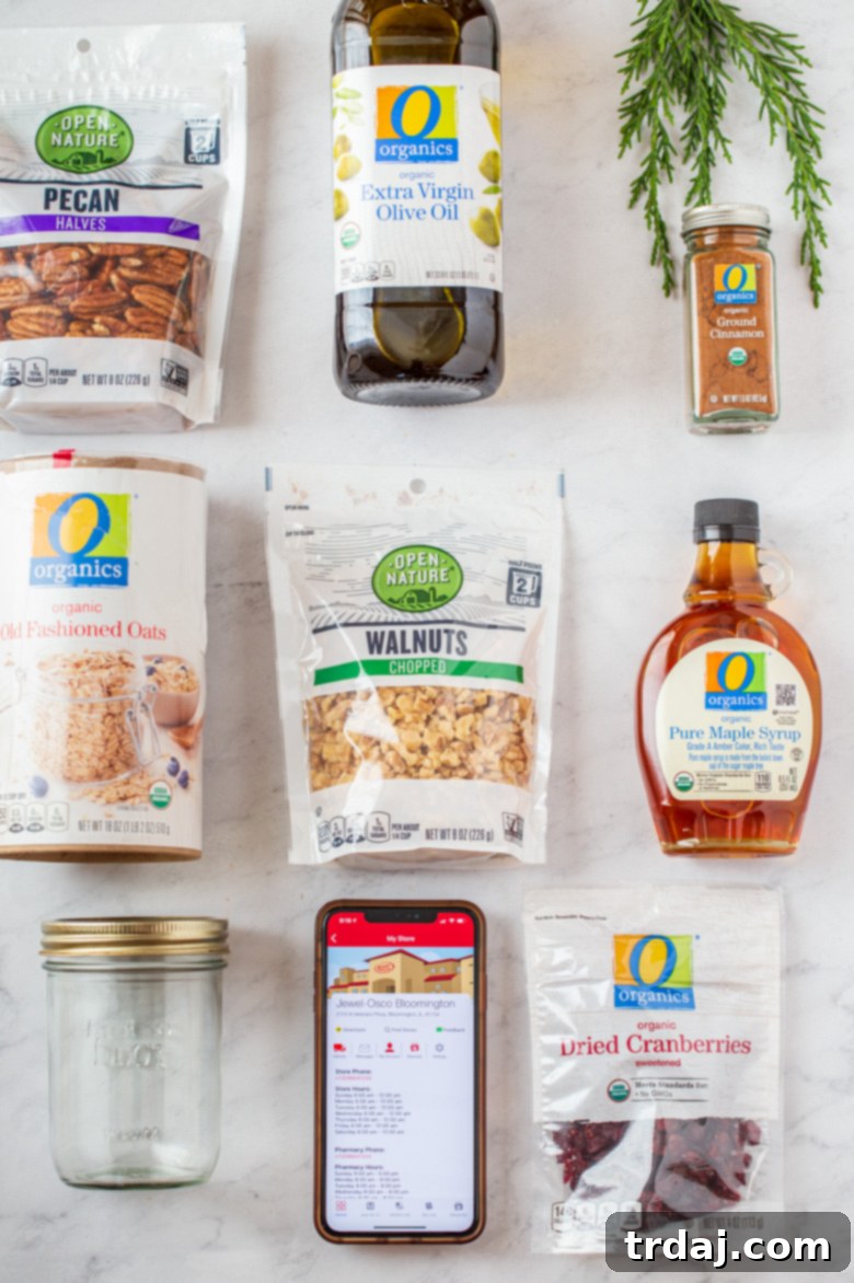 High-quality ingredients including O Organics and Open Nature products for Homemade Baked Granola in a Jar