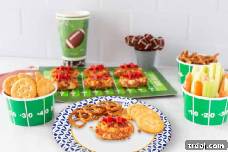 An elaborate football game day spread featuring an array of appetizers, with Horseradish Cheesy Footballs as the centerpiece, surrounded by various dippers and other party snacks.