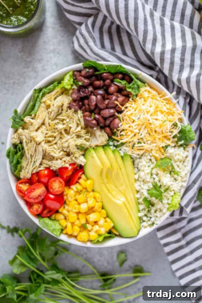 Delicious Instant Pot Salsa Verde Chicken Burrito Bowls, perfect for meal prep.
