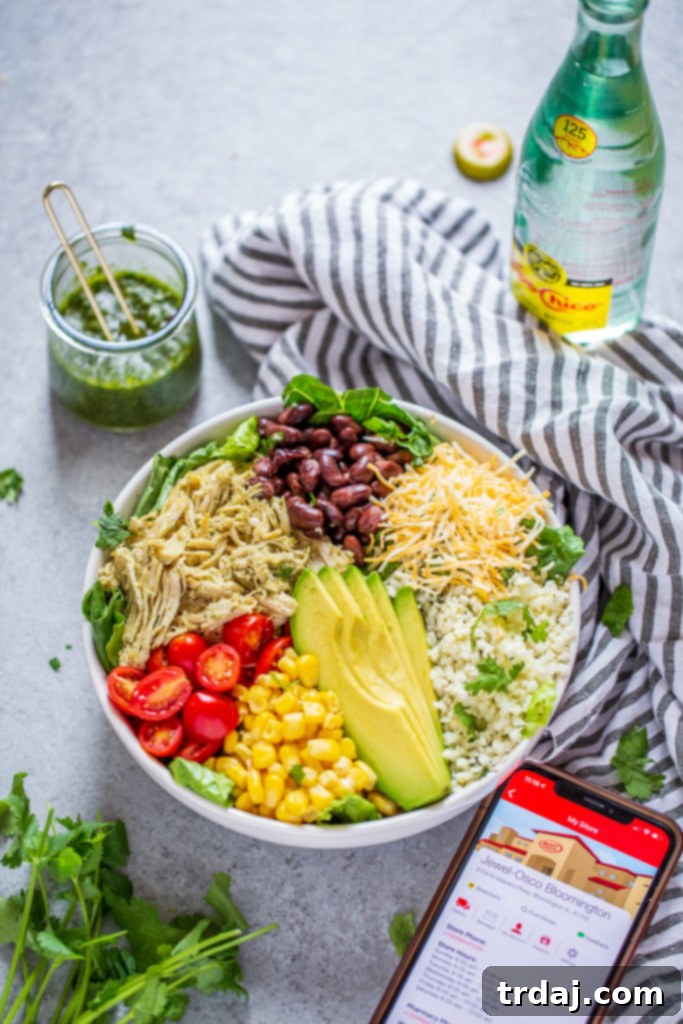Close-up of fresh ingredients for Salsa Verde Chicken Burrito Bowls.