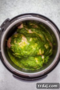Chicken breasts in an Instant Pot with salsa verde.