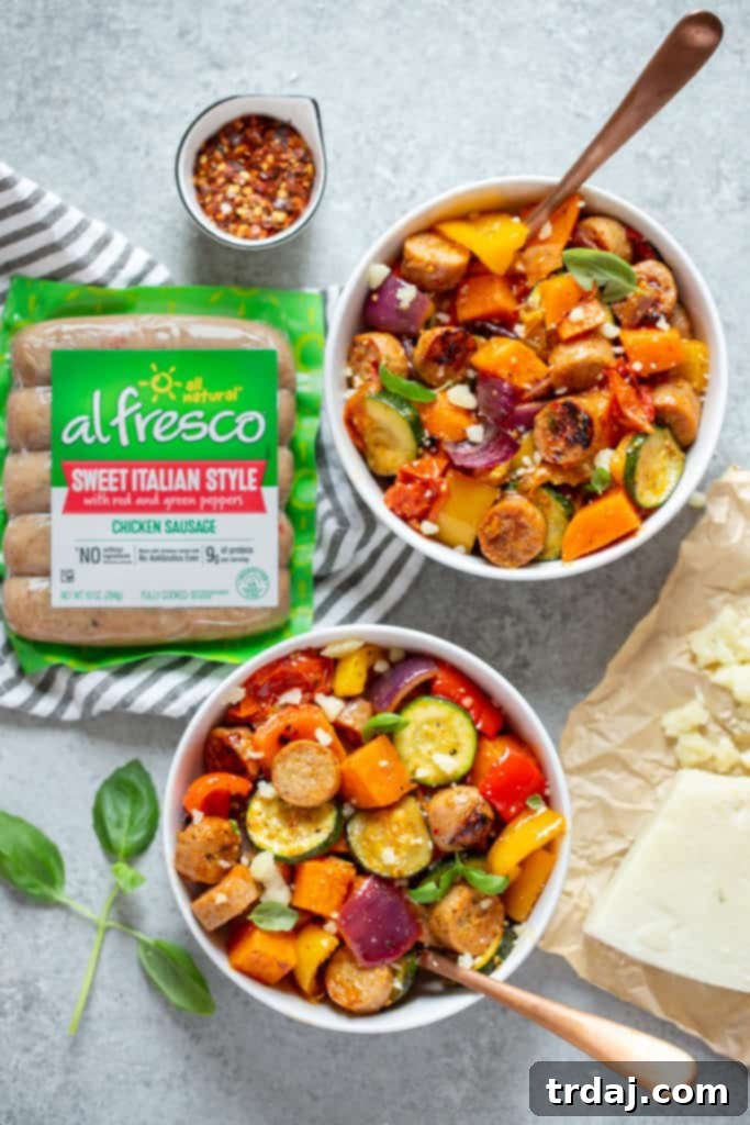 A striking display of al fresco Sweet Italian style chicken sausages artfully arranged alongside bowls overflowing with a vibrant assortment of fresh vegetables, symbolizing the healthy and delicious components of the dish.