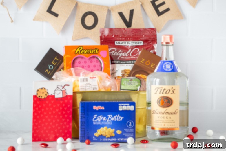A curated Valentine's gift basket for him, ideal for a husband, son, dad, or foodie, brimming with savory pretzels, gourmet chocolate, artisanal cheese, premium summer sausage, delicious popcorn, and a bottle of Tito's vodka.