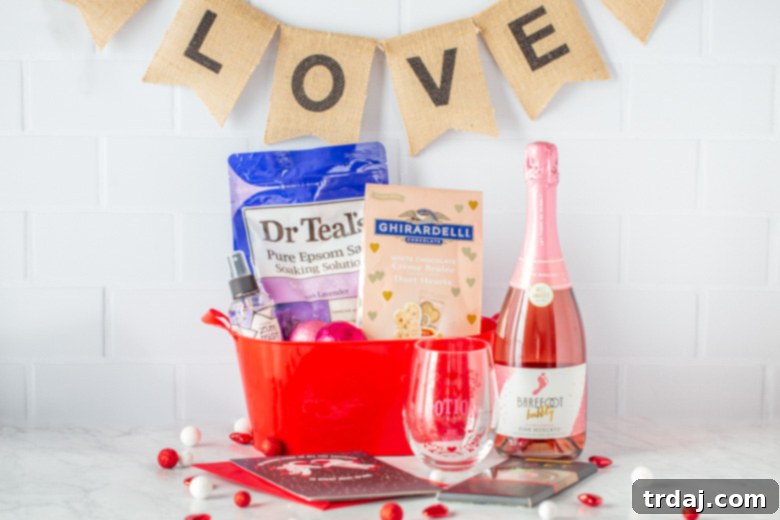 A beautifully curated Valentine's Day gift basket for her, suitable for a wife, daughter, or mom, featuring luxurious bath salts, invigorating bath bombs, gourmet chocolates, and a celebratory bottle of wine.