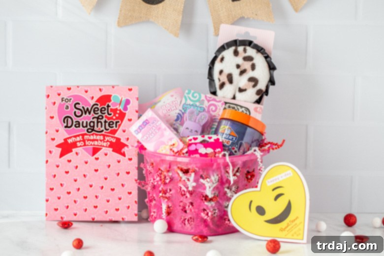A charming Valentine's Day gift basket for a girl, daughter, filled with sparkling lip gloss, playful slime, heart-shaped earrings, a relaxing bath bomb, a soft sleep mask, and delicious Russell Stover chocolates.
