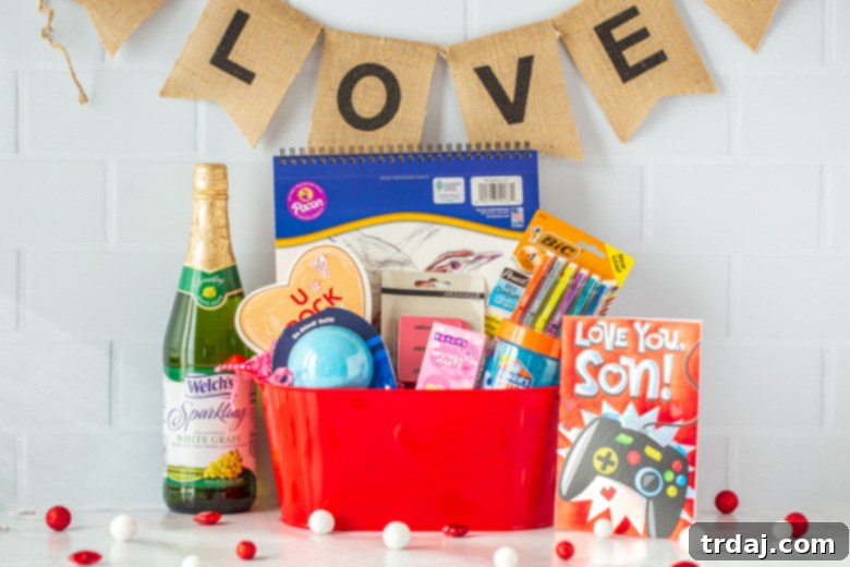 A thoughtful Valentine's Day gift basket for a son or boy, including a fresh drawing pad, pencils, erasers, a fun bath bomb, engaging slime, and a bottle of sparkling white grape juice.