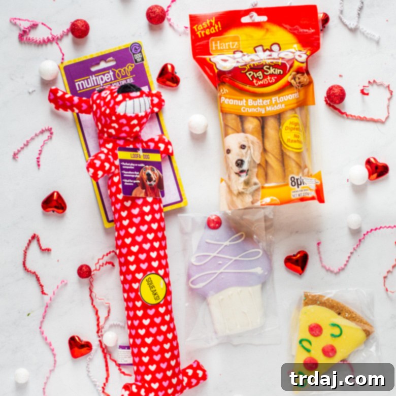A heartwarming Valentine's Day gift selection for a dog, featuring a playful dog toy, savory bones, and charmingly shaped special bakery cookies, perfect for showing love to your pet.