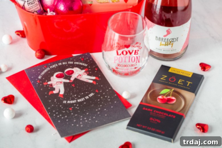 A wide shot of a thoughtfully curated collection of Valentine's Day gifts, showcasing a variety of items for different family members, all sourced from Hy-Vee.