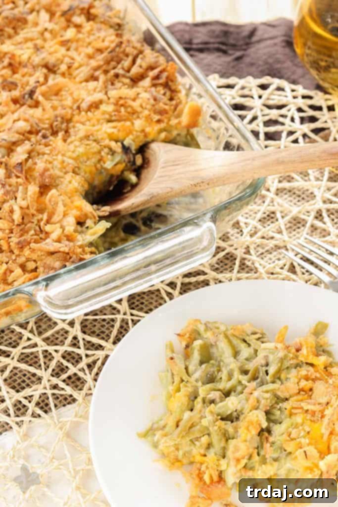 The finished Best Green Bean Casserole, golden brown with a crispy topping, ready for serving.