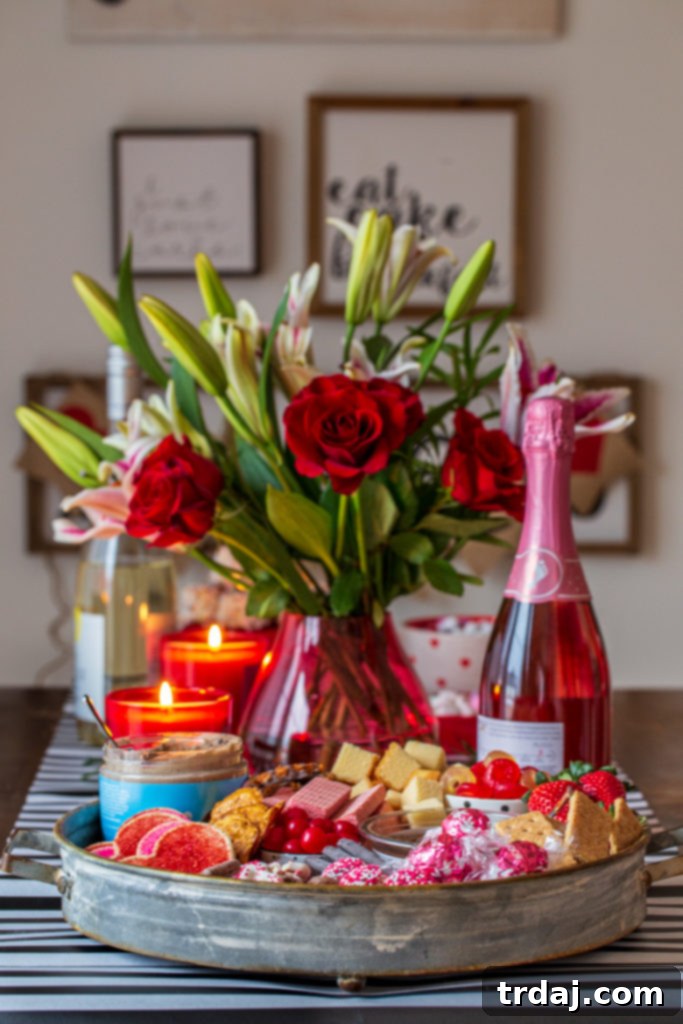 Valentine's Day tablescape in vibrant reds and pinks, featuring a lush bouquet of flowers, elegant red candles, wine glasses, and a decadent dessert charcuterie board centerpiece.