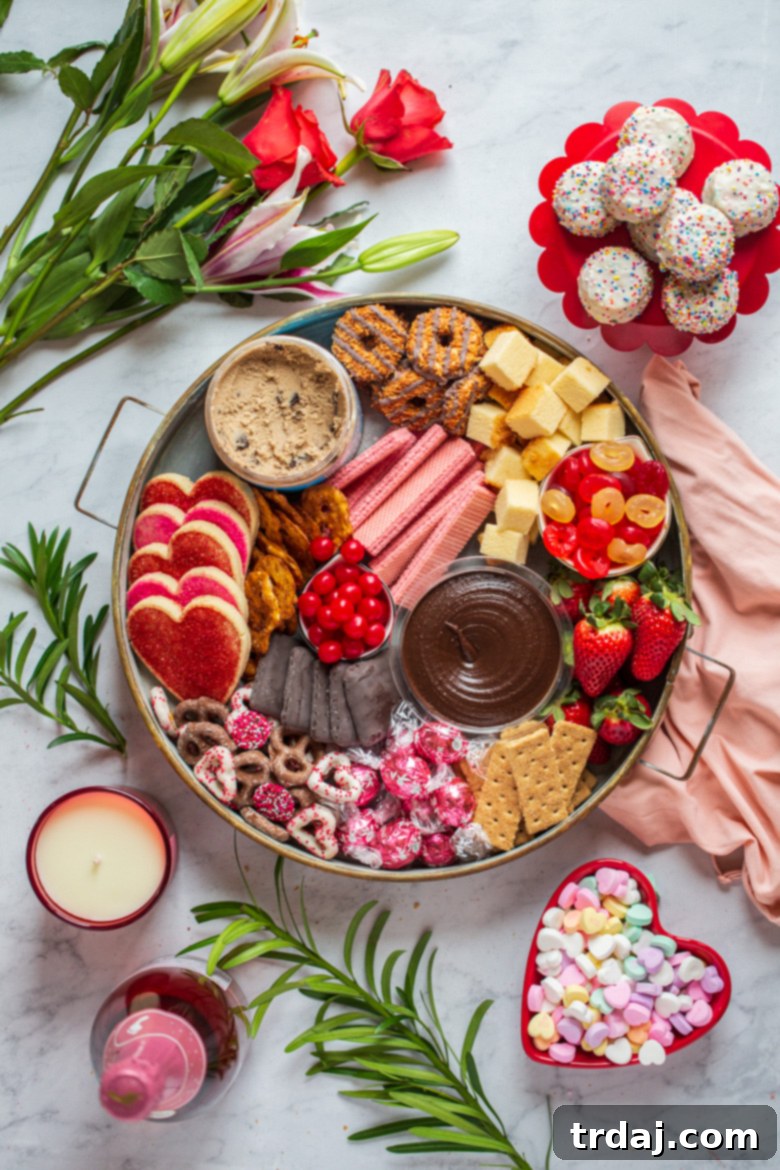Close-up of a well-stocked shopping cart from Jewel-Osco, showcasing a variety of pink, red, white, and chocolate-themed Valentine's Day treats, along with fresh flowers and a pink teardrop vase, ready for a dessert board.