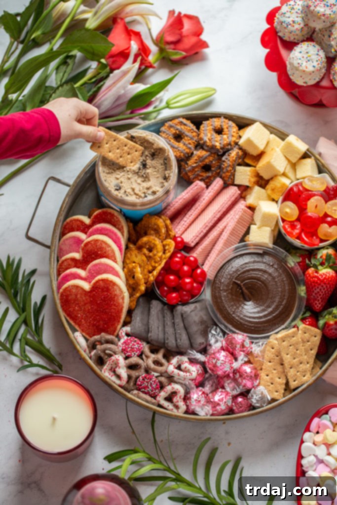 An exquisitely arranged round Valentine's Day dessert board, brimming with a colorful assortment of cookies, candies, chocolates, fresh strawberries, edible cookie dough, and confetti tea cakes, perfect for sharing.