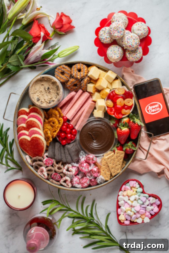 A comprehensive close-up of a beautifully curated round Valentine's Day dessert board, featuring an enticing array of cookies, candies, chocolates, edible cookie dough, tea cakes, and fresh strawberries, all sourced from Jewel-Osco.