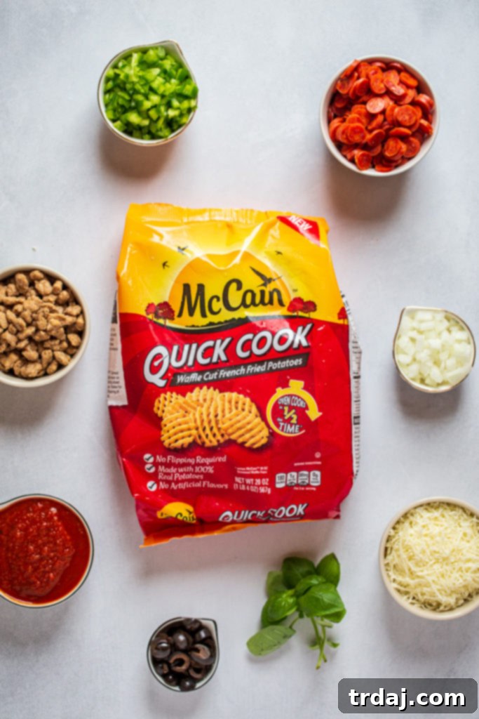 Assortment of ingredients for Sheet Pan Supreme Pizza Fries