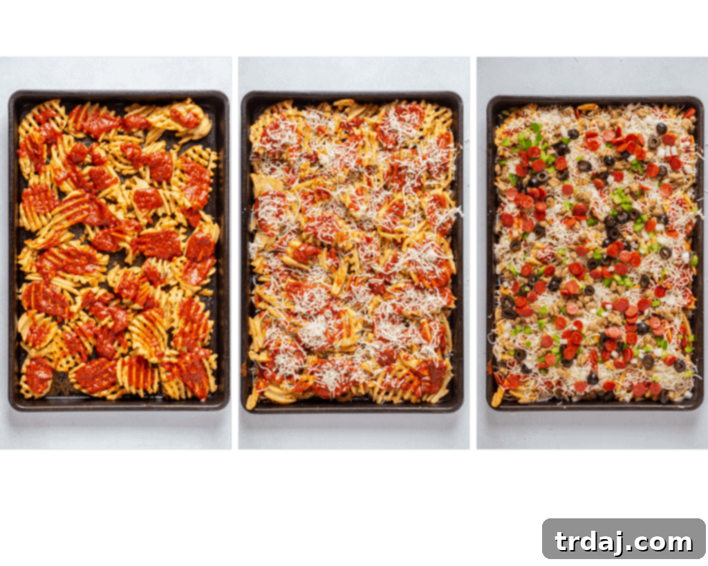 Waffle fries topped with pizza sauce, cheese, and various pizza toppings