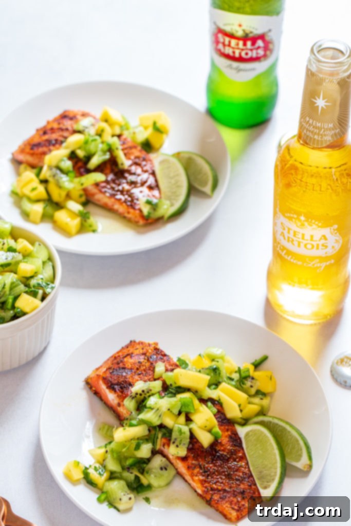 Grilled Jerk Salmon with fresh Kiwi Mango Salsa on the grill