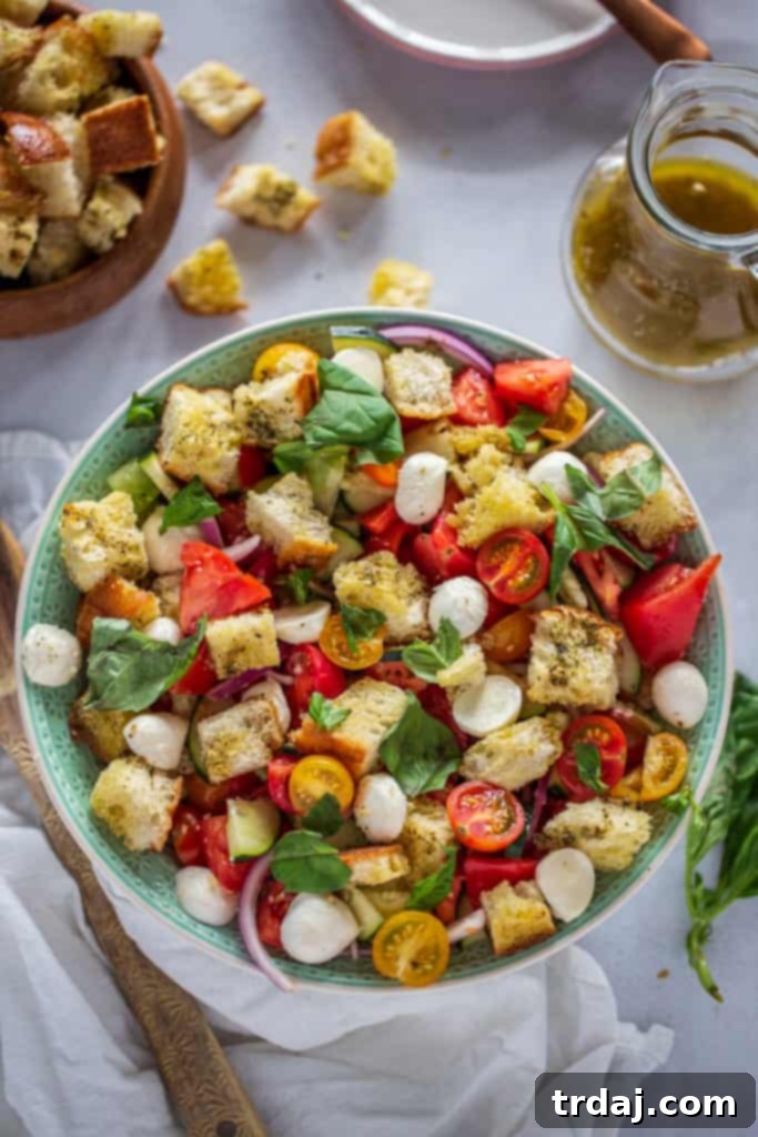 Vibrant Summer Panzanella Salad with Garlic Butter Croutons, ready to be served