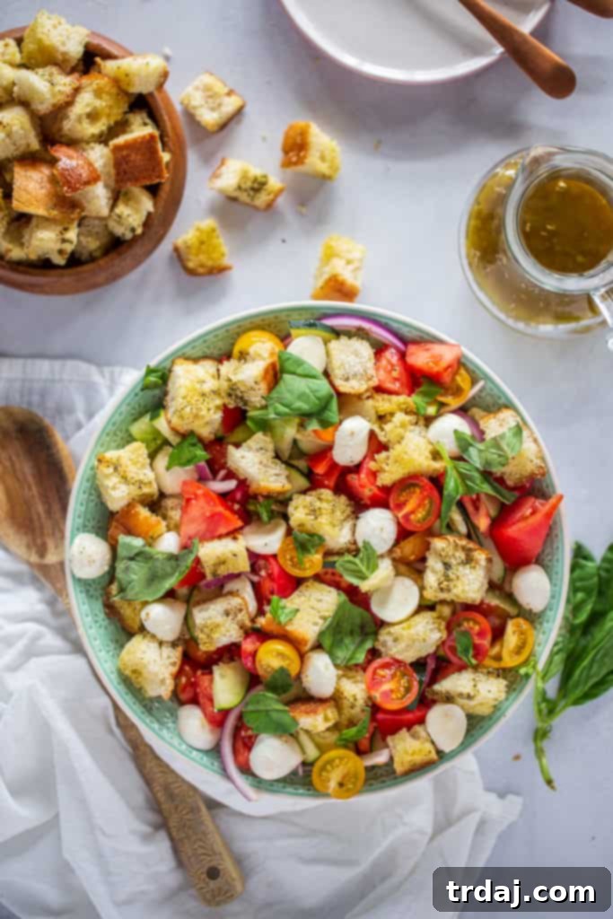 A final beautiful shot of the Summer Panzanella Salad with garlic butter croutons