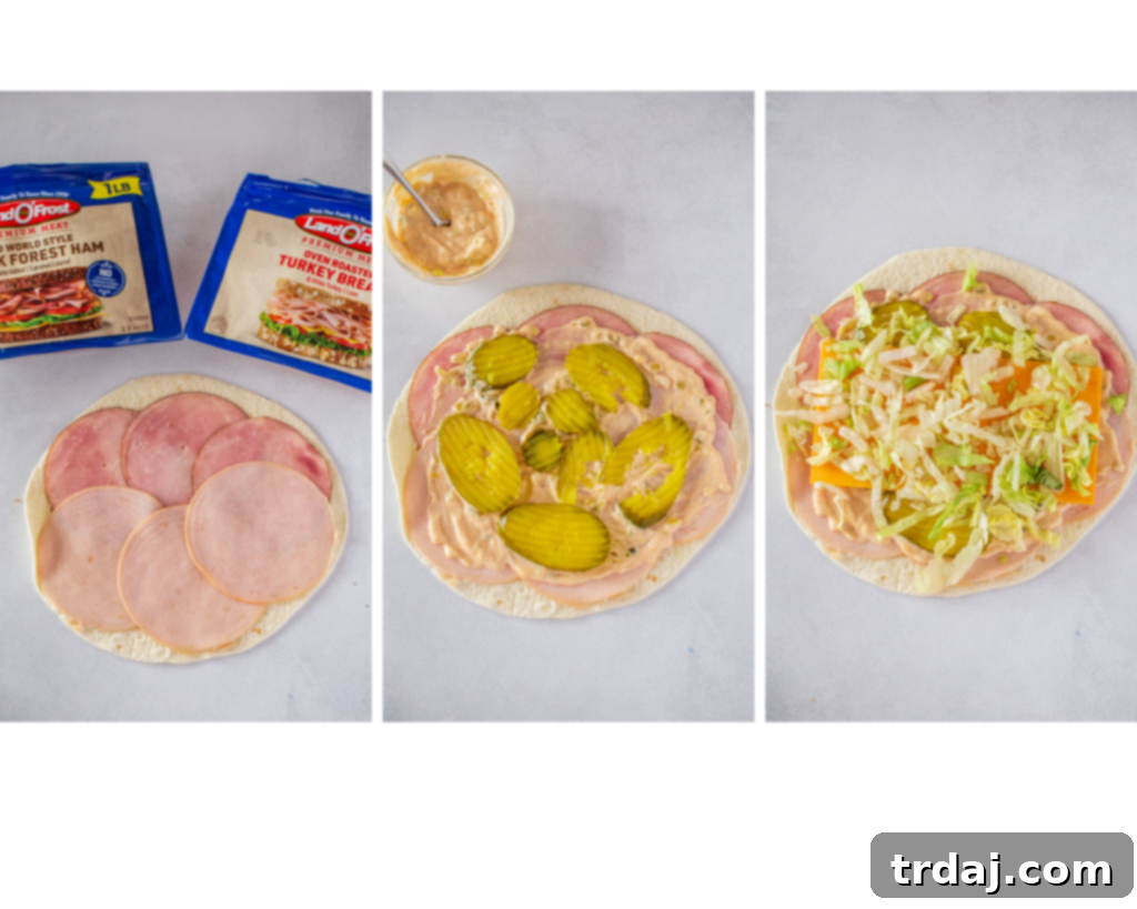 Honey ham and turkey roll-ups with 'special sauce' and cheese, perfect for a child's lunch.