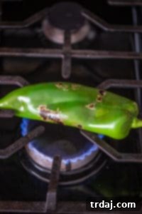 Roasting Anaheim Chile Over Open Flame A single Anaheim chile pepper roasting over an open gas stove flame, its skin beginning to char and blister.