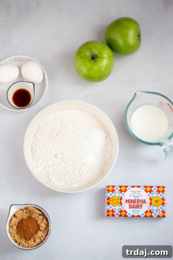 Ingredients needed to make apple fritter loaf, neatly arranged