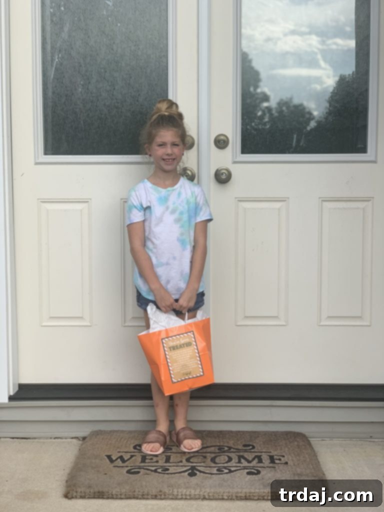 A joyful person delivering 'You've Been Treated' bags filled with delicious cookies and other thoughtful goodies to a doorstep.