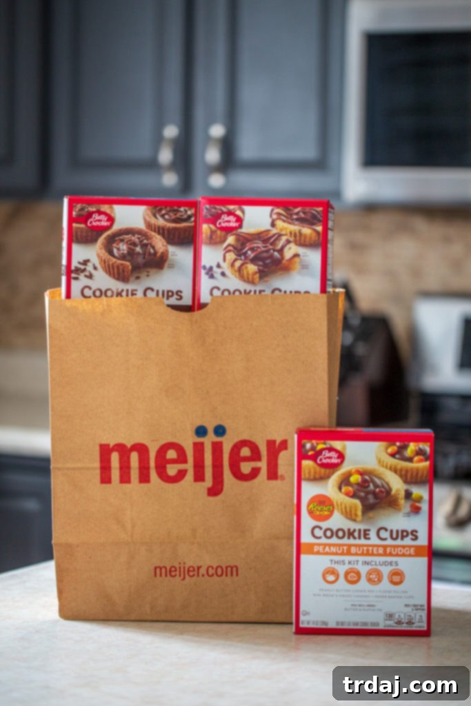 The baking aisle at Meijer, featuring Betty Crocker™ Cookie Cups prominently displayed and ready for purchase.