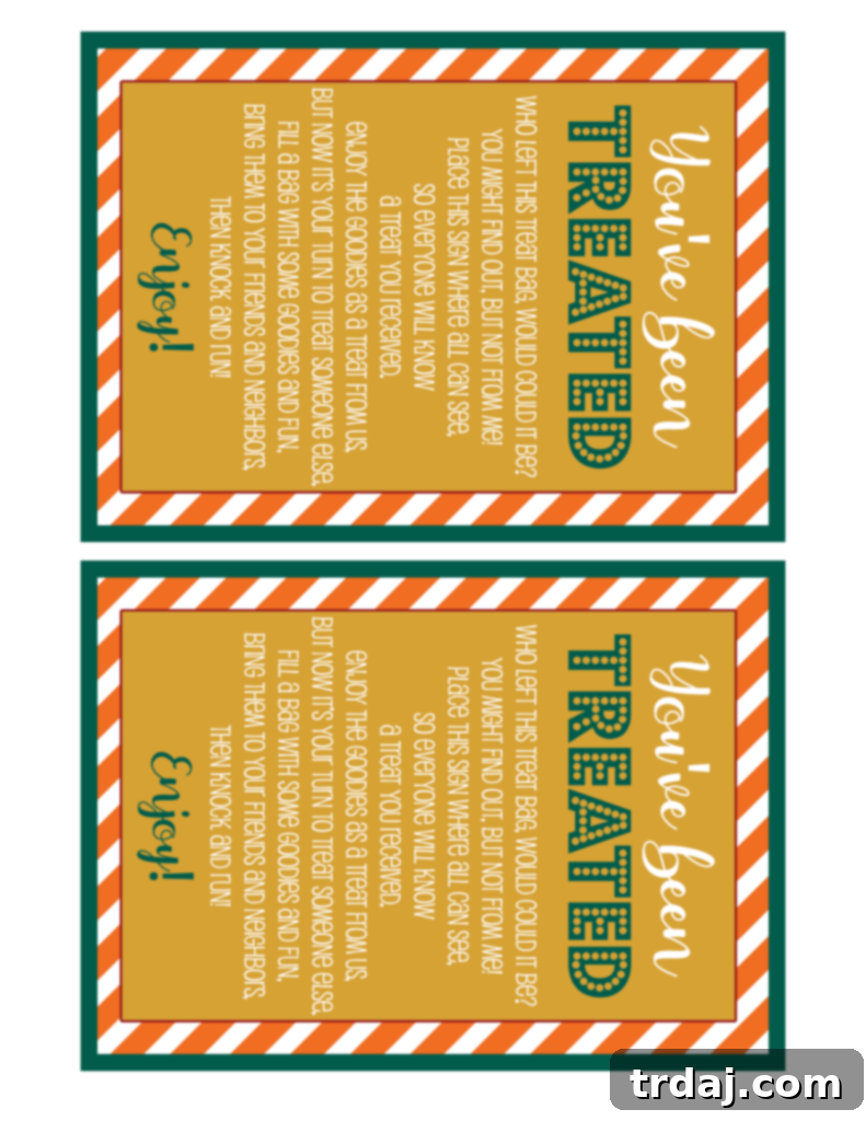 A printable note with instructions for recipients of a 'You've Been Treated' gift, explaining the tradition and encouraging them to pay it forward.