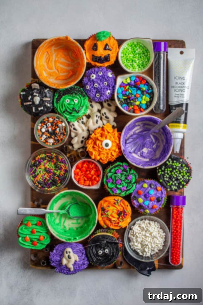 A vibrant Halloween Cupcake Treat Board filled with decorated cupcakes, candies, and festive sprinkles.